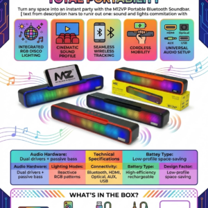 M12VP portable Bluetooth soundbar featuring integrated RGB "disco" lighting