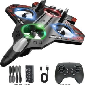 Remote Control Airplane for Kids, Rechargeable Foam Fighter Jet with LED Lights & 360° Stunt Roll, Flying Toy for Boys 6–16 Years