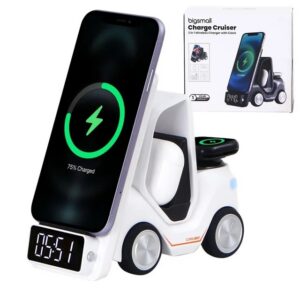 Charge Cruiser - 3-in-1 Wireless Charger with Clock - Wireless Magentic Charger for iPhone,Smart Phone,Smart Watch,Earpod & Digital Clock - Alarm Clock & Lamp - Compact Toy Car Design
