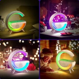 Multi-Function Bluetooth Speaker Lamp with Wireless Fast Charging, RGB Light with 8 Music Sync Modes, Dimmable Night Light Bedside Lamp for Android & iOS