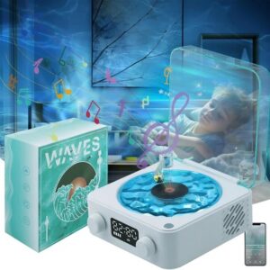 Retro-Style Wireless Waves Bluetooth Speaker, Aqua Vinyl Speaker, The Waves Vinyl Player with Ambience Light and Clock for Bedroom, Office, Party